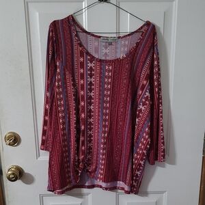 Absolutely Famous Red and Blue Patterned Long Sleeve Top